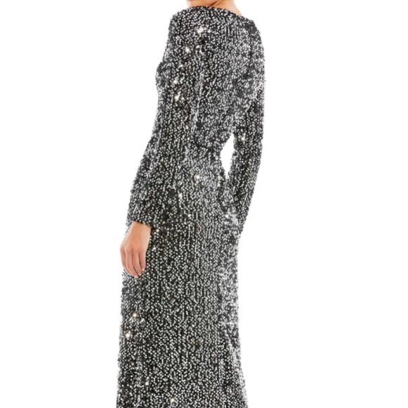 MAC DUGGAL 26445 LONG SLEEVE SEQUIN BLACK SILVER GOWN sz 10 - Picture 4 of 5